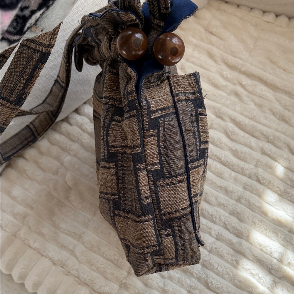Vintage Boho Tapestry Handmade Artisanal Bucket Bag purse Wood Beads Cottagecore - Picture 8 of 11